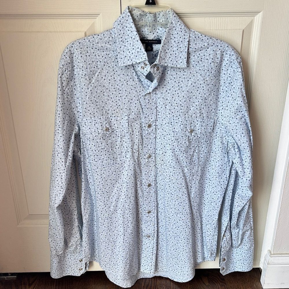Banana Republic Men Pearl snap western Blue paisley button down Shirt medium EUC